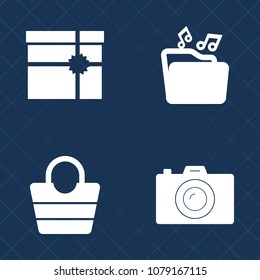 Premium set of fill vector icons. Such as digital, video, parcel, christmas, equipment, bag, ribbon, gift, handle, bow, file, sign, white, picture, technology, anniversary, format, lens, internet, web