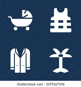 Premium set of fill vector icons. Such as carriage, safety, nature, jacket, casual, toddler, life, tree, coconut, coat, clothes, sea, kid, summer, plant, mother, fashion, care, outfit, rescue, family