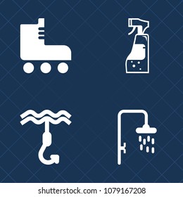 Premium set of fill vector icons. Such as 80s, boot, skating, room, equipment, style, object, hook, maid, white, silhouette, roller, hygiene, washing, cleaning, fish, shoe, fun, spray, bath, skate