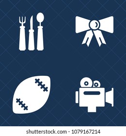 Premium set of fill vector icons. Such as celebration, cutlery, camcorder, lens, utensil, restaurant, accessory, handle, equipment, ball, spoon, stadium, dinner, player, business, film, meal, sport