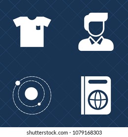 Premium set of fill vector icons. Such as stamp, casual, jupiter, fabric, clothes, guy, folded, passport, travel, mars, galaxy, people, white, boy, fashion, journey, male, men, system, planet