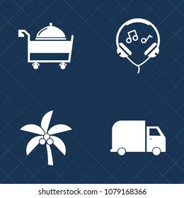 Premium set of fill vector icons. Such as cargo, headphone, fork, modern, palm, natural, travel, sound, nature, equipment, dinner, entertainment, restaurant, exotic, plant, earphone, ear, technology