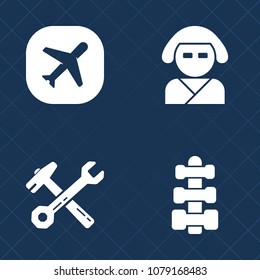 Premium set of fill vector icons. Such as health, screwdriver, hair, plane, kimono, air, travel, fly, toolbox, weight, beautiful, tool, construction, fashion, equipment, costume, repair, airplane, jet