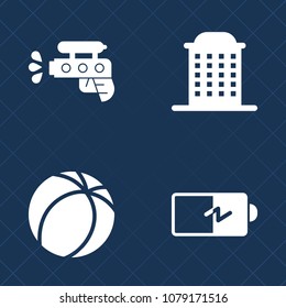 Premium set of fill vector icons. Such as pistol, child, toy, city, playful, summer, bank, half, battery, load, game, electricity, office, spray, gun, fun, business, player, childhood, soccer, water