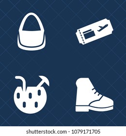 Premium set of fill vector icons. Such as trip, air, tourism, black, summer, airplane, airport, footwear, cold, accessory, ticket, purse, female, drink, bag, ice, juice, lime, bar, fresh, business