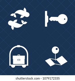Premium set of fill vector icons. Such as fish, tourism, service, white, fresh, access, water, web, unlock, security, ocean, secure, house, luggage, position, pin, restaurant, sign, key, map, place