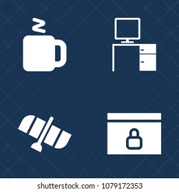 Premium set of fill vector icons. Such as business, work, security, people, desk, exploration, espresso, job, station, spaceship, earth, shuttle, world, workplace, rocket, table, mug, drink, satellite