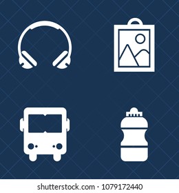 Premium set of fill vector icons. Such as player, container, digital, music, school, modern, earphone, sign, liquid, photography, beverage, water, camera, soda, technology, sound, transportation, trip
