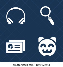 Premium set of fill vector icons. Such as internet, equipment, search, girl, report, headphone, headset, kitty, pet, listen, digital, sign, mobile, document, cute, analysis, music, asian, business