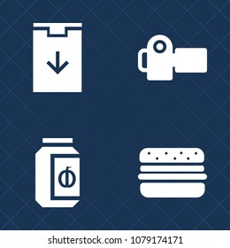 Premium set of fill vector icons. Such as lens, homemade, technology, navigation, jar, vintage, meal, burger, flash, photo, jam, app, image, white, arrow, internet, digital, label, container, lunch