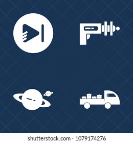 Premium set of fill vector icons. Such as universe, video, play, planet, media, transport, cosmos, online, van, delivery, vehicle, weapon, pistol, button, space, gun, web, shipping, earth, war, auto
