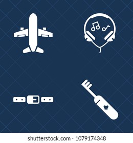 Premium set of fill vector icons. Such as clean, modern, hygiene, earphone, belt, equipment, health, ear, listen, air, seat, buckle, aircraft, brush, sign, player, healthy, sound, flight, fasten, car
