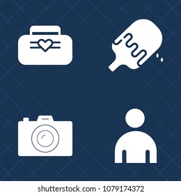 Premium set of fill vector icons. Such as lens, tasty, dessert, icecream, young, handle, chocolate, style, food, photography, image, object, accessory, cone, background, people, strawberry, bag, boy
