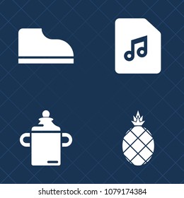 Premium set of fill vector icons. Such as sport, sign, musical, melody, summer, tropical, kid, foot, nature, graphic, baby, liquid, plastic, green, nutrition, organic, nipple, fashion, pineapple, diet