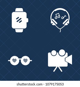 Premium set of fill vector icons. Such as audio, mobile, smartwatch, entertainment, retro, headset, device, glasses, sound, ear, summer, hippie, video, gadget, listen, business, vintage, equipment