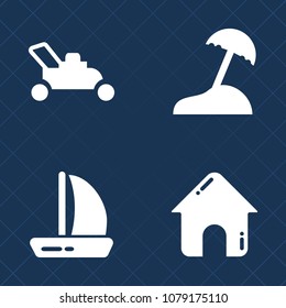 Premium set of fill vector icons. Such as sail, tool, mowing, sailboat, water, lawn, nautical, palm, city, mover, business, real, ocean, estate, island, home, lawnmower, yacht, beach, motor, building