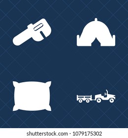 Premium set of fill vector icons. Such as camp, repair, equipment, tent, comfortable, outdoor, feather, sleep, green, travel, tourism, transport, hiking, transportation, white, comfort, tool, shipping