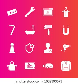 Premium set with fill vector icons. Such as apron, chess, tool, airplane, person, spanner, human, roll, add, jacket, hanger, paint, pinafore, baby, strategy, ticket, plane, flight, game, price, online