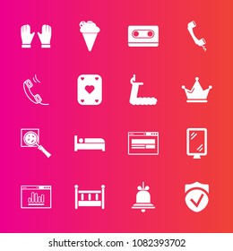 Premium set with fill vector icons. Such as sign, gym, web, check, security, tape, sport, business, baby, glove, bell, cradle, child, magnifier, treadmill, food, crown, cassette, cream, game, alarm