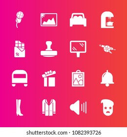 Premium set with fill vector icons. Such as frame, alarm, caffeine, call, coat, espresso, audio, chocolate, box, image, style, graphic, transportation, mic, cafe, music, drink, present, bell, footwear