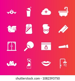 Premium set with fill vector icons. Such as lips, bathroom, cloud, headwear, internet, flight, departure, house, lock, hat, lamp, sign, airplane, leisure, modern, toilet, female, spray, drink, tennis