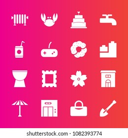 Premium set with fill vector icons. Such as heater, crab, fresh, sea, tool, sakura, lift, flower, umbrella, office, dessert, pie, picture, real, frame, food, entrance, cherry, sport, bag, culture, hot