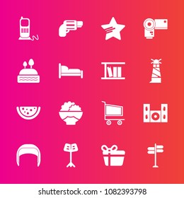 Premium set with fill vector icons. Such as communication, camera, belt, music, equipment, retail, road, photography, trolley, video, grain, direction, work, stationary, weapon, handgun, helmet, white