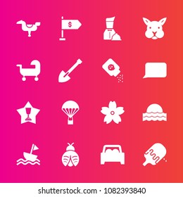 Premium set with fill vector icons. Such as sunset, sky, parachuting, sakura, nautical, nature, first, sweet, restaurant, rabbit, parachute, winner, light, sailboat, flower, lady, play, finance, kid