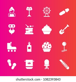 Premium set with fill vector icons. Such as orchestra, bathroom, pin, brush, armchair, couple, cloth, drink, wedding, park, skating, groom, fun, drop, carousel, liquid, wheel, food, towel, eye, love