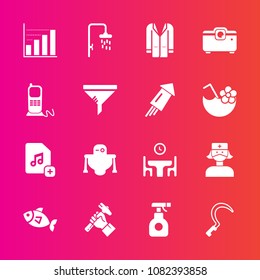 Premium set with fill vector icons. Such as family, food, fish, dinner, music, helmet, equipment, diagram, android, health, data, construction, chemical, file, foreman, care, home, agriculture, robot