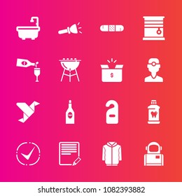 Premium set with fill vector icons. Such as clean, interior, cosmonaut, science, write, window, motel, label, art, curtain, care, flashlight, wine, paper, light, health, edit, document, clothing, sign