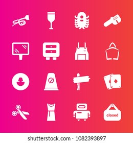 Premium set with fill vector icons. Such as monster, repair, way, glass, alcohol, drawer, sign, direction, cyborg, futuristic, shop, dress, background, music, android, traffic, robot, poker, cut, road