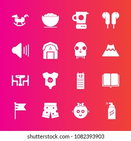 Premium set with fill vector icons. Such as music, sign, duck, toy, bowl, baby, national, kitchen, paint, dinner, white, library, textbook, wear, childhood, reminder, empty, template, flag, america