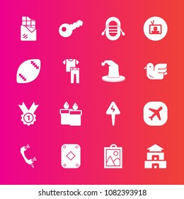 Premium set with fill vector icons. Such as american, dessert, key, telephone, ball, chocolate, television, decoration, sweet, game, plane, ship, fashion, temple, poker, picture, fire, culture, candle