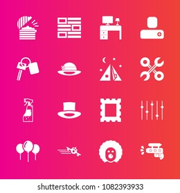 Premium set with fill vector icons. Such as work, chef, airplane, pistol, news, clown, bottle, table, holiday, photo, equality, spray, housework, office, play, plane, character, water, social, flight
