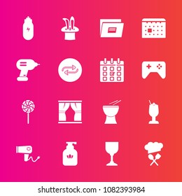 Premium set with fill vector icons. Such as musical, dryer, care, curtain, hairdryer, paper, hygiene, home, lifestyle, timetable, schedule, substitute, music, soap, bar, hair, document, cocktail, file