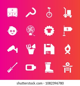 Premium set with fill vector icons. Such as campfire, japan, diskette, agriculture, drawer, footwear, culture, bike, battery, security, white, fireplace, cargo, harvest, construction, leather, style
