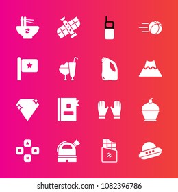 Premium set with fill vector icons. Such as diamond, ice, chinese, football, america, spacecraft, ball, old, computer, space, meal, jewel, pie, dessert, planet, communication, technology, play, book