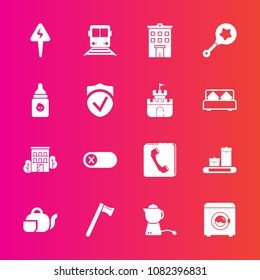 Premium set with fill vector icons. Such as tea, plastic, hot, baby, infant, deactivate, switch, wrench, real, house, estate, book, hammer, drink, breakfast, phone, child, equipment, nutrition, tool