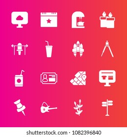 Premium set with fill vector icons. Such as flame, cafe, atlas, star, caffeine, fire, liquid, guitar, world, musical, drink, road, grain, identity, glass, harvest, white, candle, music, espresso, id