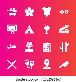 Premium set with fill vector icons. Such as water, flight, airplane, asian, dentist, sword, red, blossom, fork, drink, travel, nurse, plane, katana, dentistry, image, alcohol, kitchen, spring, clinic