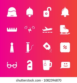 Premium set with fill vector icons. Such as smile, strategy, call, pump, hat, chess, sign, bell, health, chat, mail, baby, comb, powder, style, postage, post, care, hotel, tea, cup, drink, security