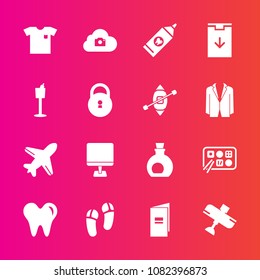 Premium set with fill vector icons. Such as sign, sailboat, web, brush, bottle, slipper, clothing, boat, wine, footwear, security, ship, lock, dental, hygiene, cloud, restaurant, fashion, book, clean