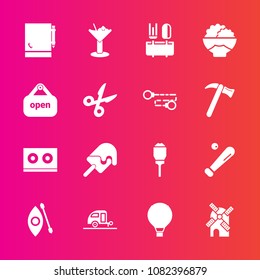 Premium set with fill vector icons. Such as food, bar, power, parachuting, cocktail, extreme, drink, activity, dessert, kayaking, page, journey, league, cream, wind, notebook, notepad, caravan, lamp