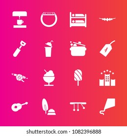 Premium set with fill vector icons. Such as hostel, coffee, smart, dessert, drink, beverage, ice, fruit, icecream, black, weapon, music, joy, time, cup, food, summer, kite, war, cook, pendulum, white