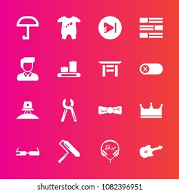 Premium Set With Fill Vector Icons. Such As Play, Video, Bow, King, Crown, Sound, Exploration, Musical, Service, Clothes, Spaceship, Roll, Technology, Guitar, Man, Music, News, Smart, Kid, Audio, Rain