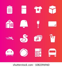 Premium set with fill vector icons. Such as alien, monster, trash, house, business, estate, accounting, plane, drink, calculator, toy, duck, rubber, garbage, fridge, flight, airplane, finance, ball