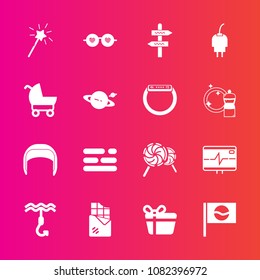 Premium set with fill vector icons. Such as food, work, template, lollipop, technology, magic, holiday, pulse, hippie, direction, candy, celebration, stroller, style, chocolate, bar, health, wand, box