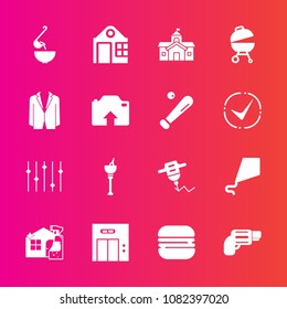 Premium set with fill vector icons. Such as drink, spoon, snack, elevator, alcohol, sky, city, spray, cheeseburger, bucket, kite, gun, food, cleaner, fun, real, lift, equipment, firearm, drill, house