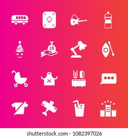 Premium set with fill vector icons. Such as carriage, music, message, sign, stroller, birthday, white, bus, party, broom, juice, restaurant, celebration, game, transportation, hotel, drink, dinner